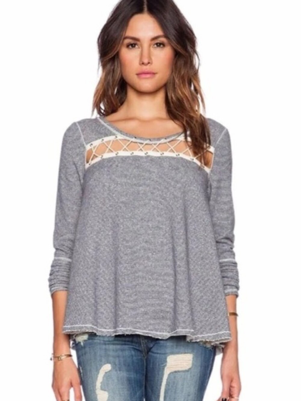 FREE PEOPLE Lacey Love Pullover Stripe Rope Lace Up Swing Top Blue Size S